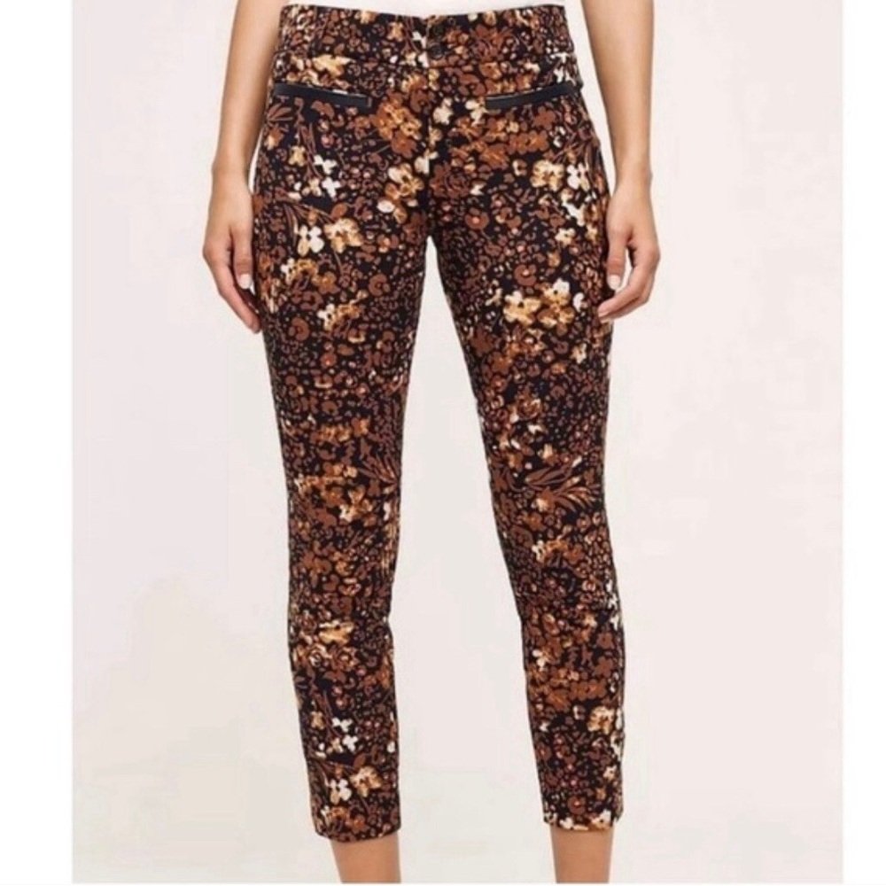 Anthropologie Floral Ankle Pants - Brown and Cream